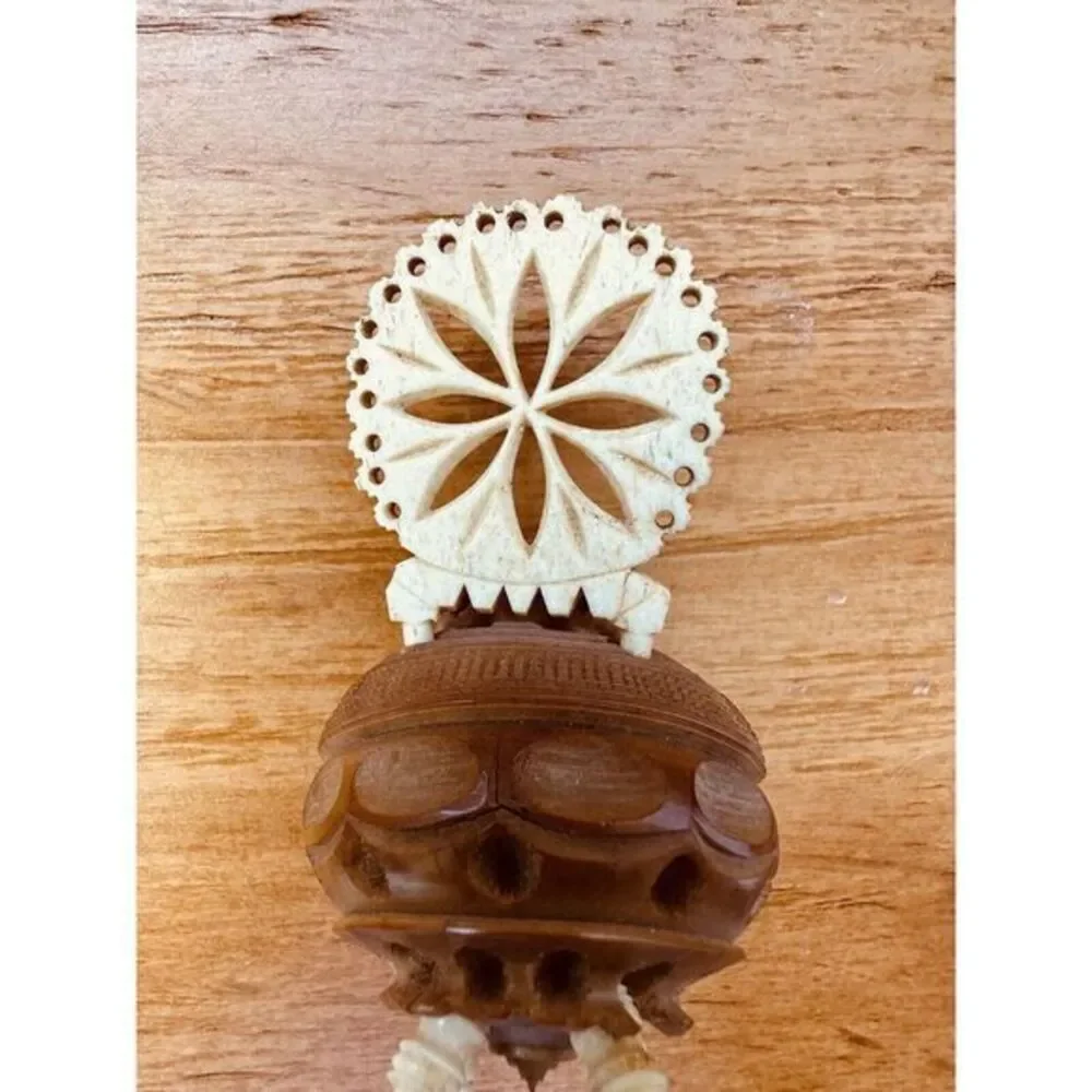 Antique Victorian‎ Carved Tagua Nut Coquilla Nut Mini Chair Red Pin Cushion